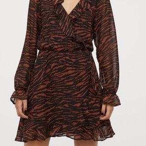 H&M Tiger Wrap Long Sleeve Dress with Ruffles Size 2